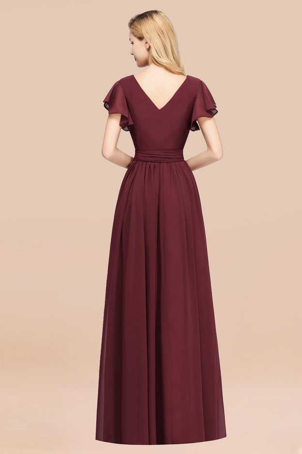 27prom Burgundy V-Neck Long Bridesmaid Dress With Short-Sleeves-27prom