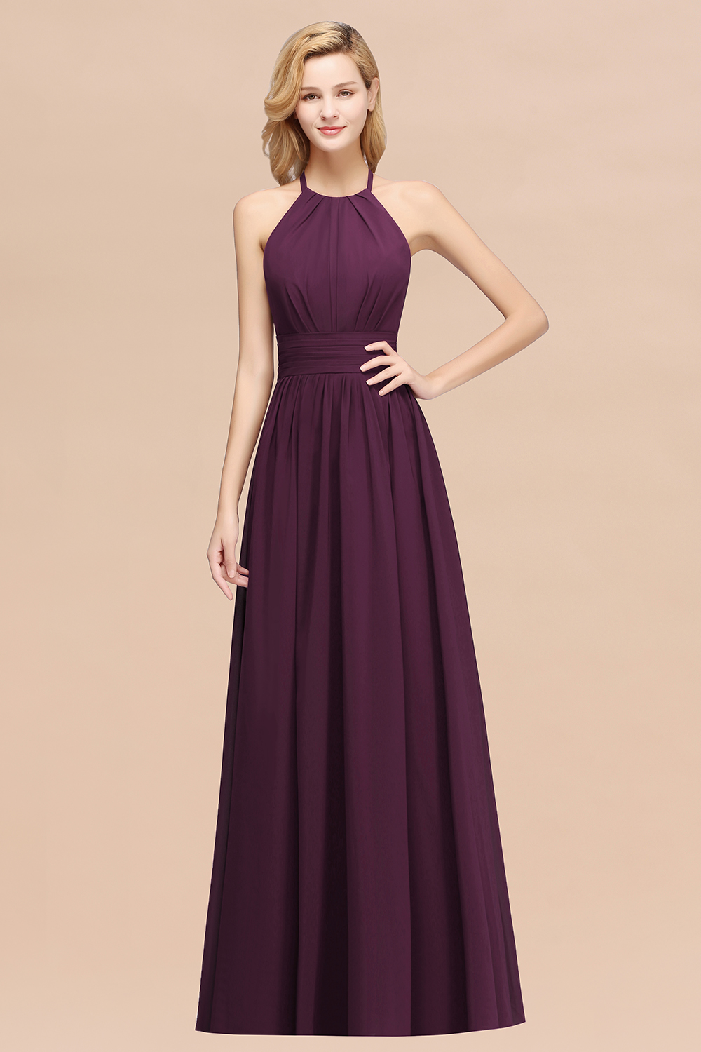27prom Elegant High-Neck Halter Long Affordable Bridesmaid Dresses with Ruffles-27prom