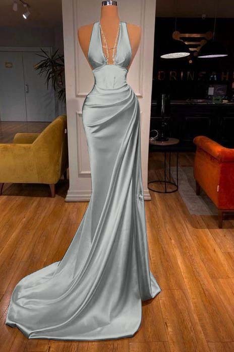 Halter Deep V Neck Sleeveless Mermaid Long Prom Dress Elegant With Ruffles