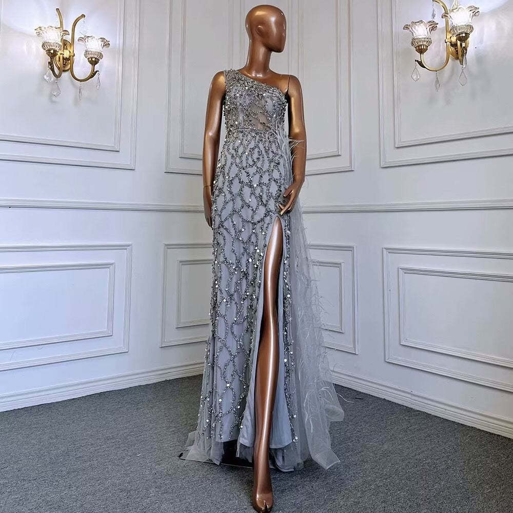 Elegant One-Shoulder Mermaid Evening Dress with Split, Beading, and Feathers