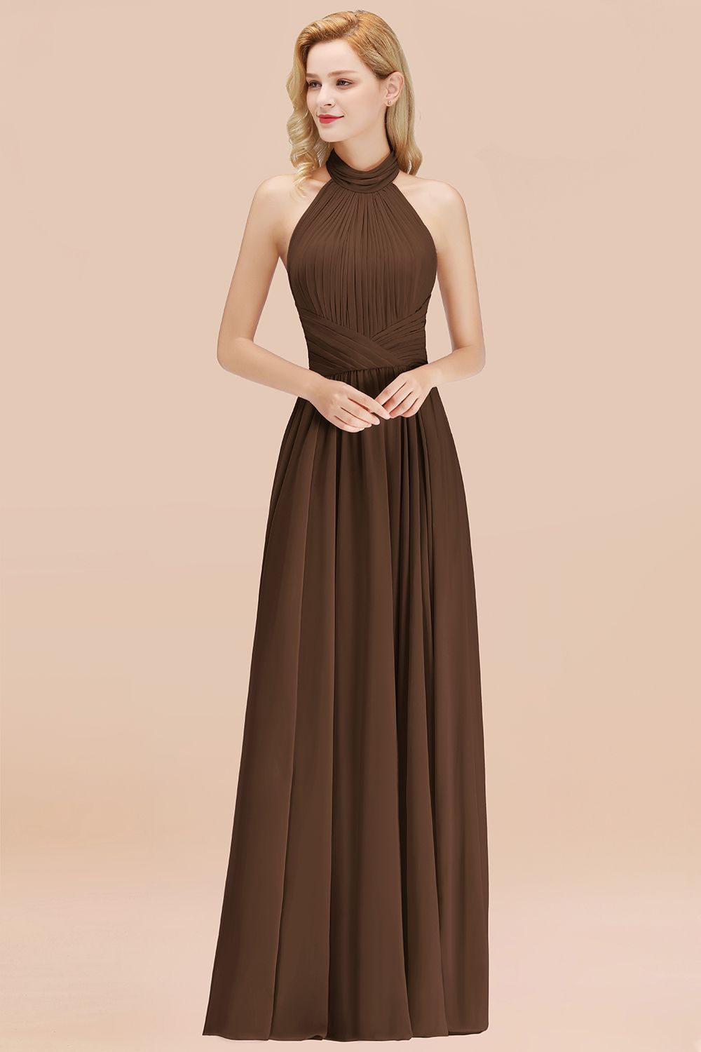 27prom Gorgeous High-Neck Halter Backless Bridesmaid Dress Dusty Rose Chiffon Maid of Honor Dress-27prom
