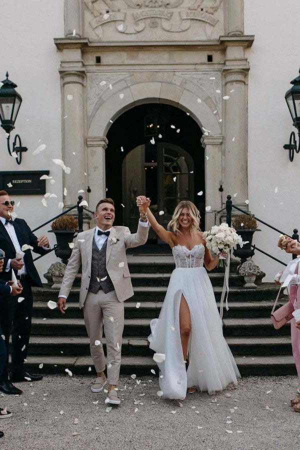 Gorgeous Long A-line Wedding Dress Sweetheart Front Slit With Lace Tulle