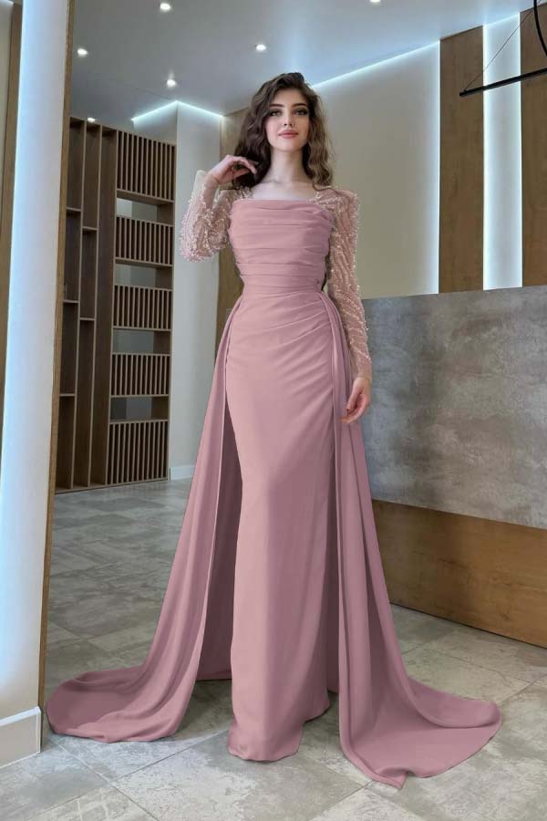 Long Sleeves Square Neck Long Mermaid Prom Dress With Pleated