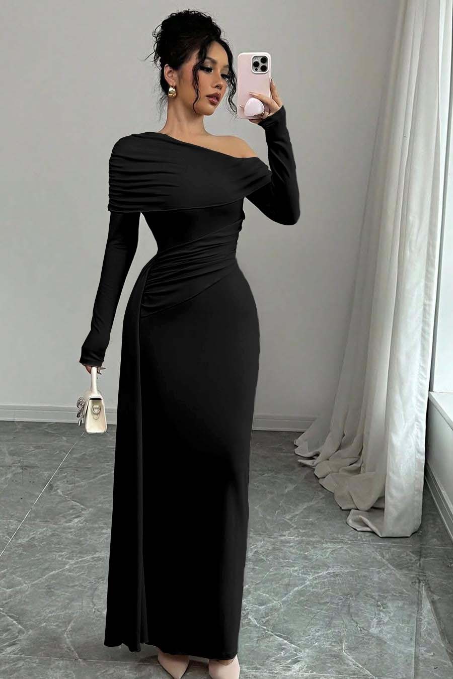 Off the Shoulder Long Sleeves Long Mermaid Prom Dress With Ruffles