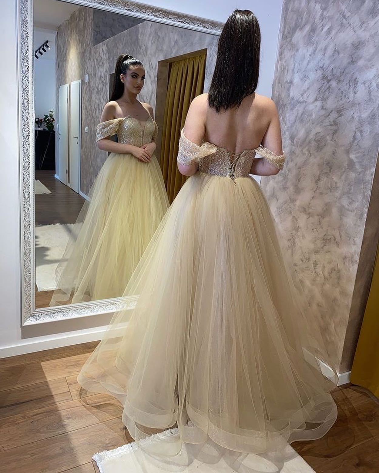 Sweetheart Off-the-Shoulder Beaded A-Line Wedding Dress with Tulle Ruffles