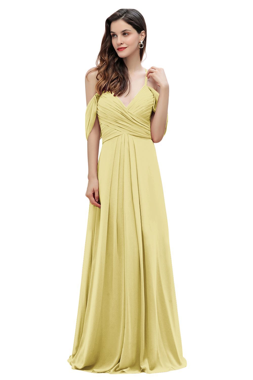 Elegant A-line Off-the-Shoulder V-neck Ruched Long Bridesmaid Dress-27prom