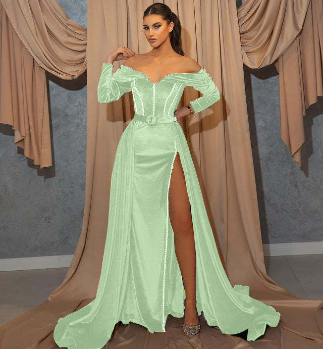 Dark Green Long Sleeve Sweetheart Mermaid Prom Dress with Front Split and Belt