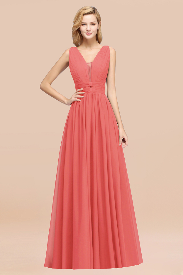 27prom Modest Dark Green Long Bridesmaid Dress Deep V-Neck Chiffon Maid of Honor Dress-27prom