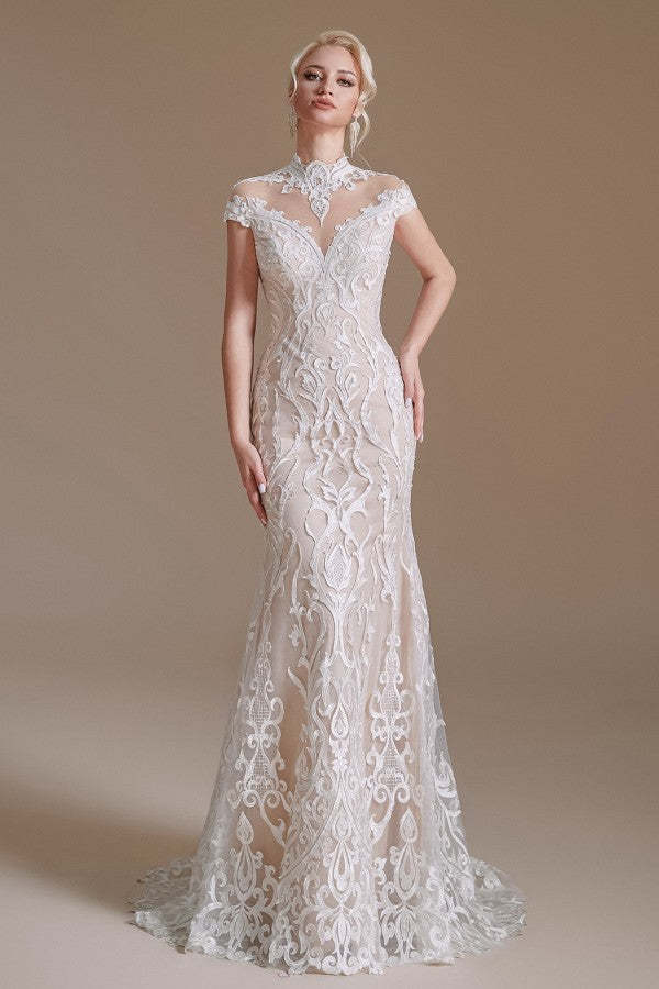 Sleeveless Mermaid Wedding Dress High-neck Lace With Sleeves