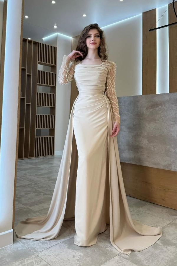 Long Sleeves Square Neck Long Mermaid Prom Dress With Pleated