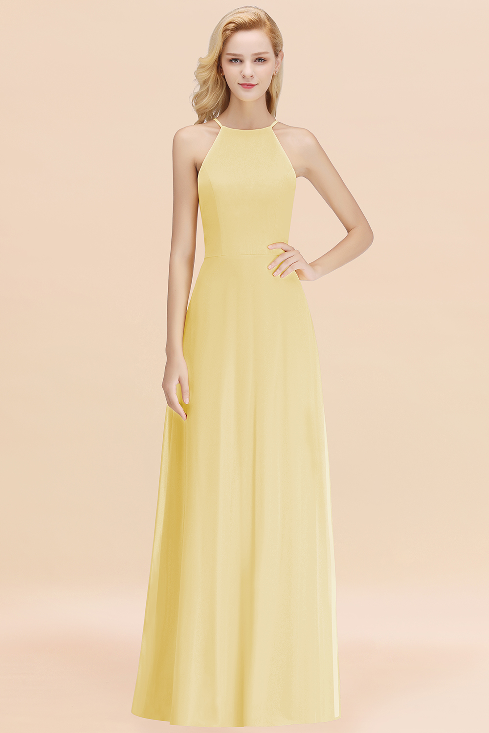27prom Modest High-Neck Yellow Chiffon Affordable Bridesmaid Dresses Online-27prom