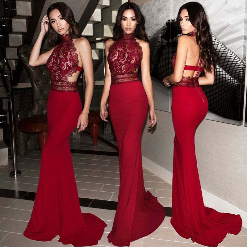 High-Neck Burgundy Lace Mermaid Prom Dress