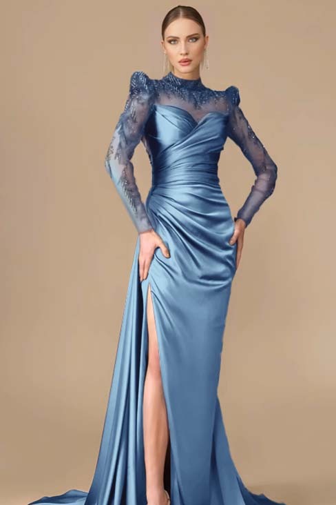 Long Sleeves Long Mermaid Prom Dress With Split Pleated Appliques