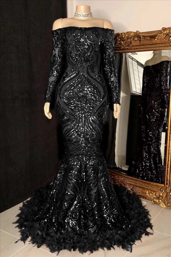 Long Sleeves Strapless Mermaid Prom Dress Sequins Burgundy With Feather