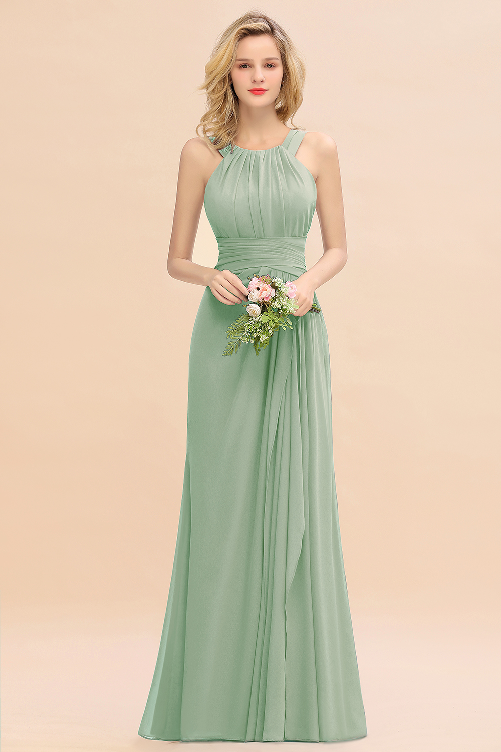 27prom Elegant Round Neck Sleeveless Bridesmaid Dress with Ruffles-27prom