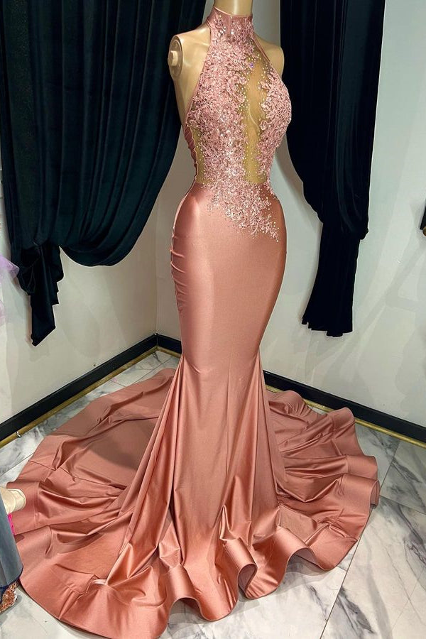 Coral Red Mermaid Prom Dress with Sleeveless Halter and Appliques