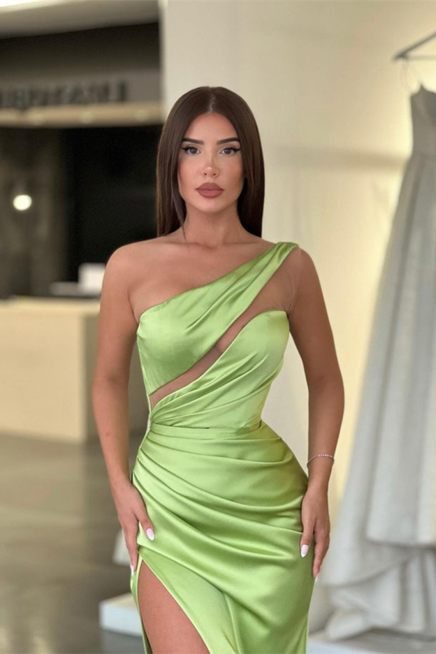 Charming Light Green One Shoulder Sleeveless Split Evening Dress With Pleated