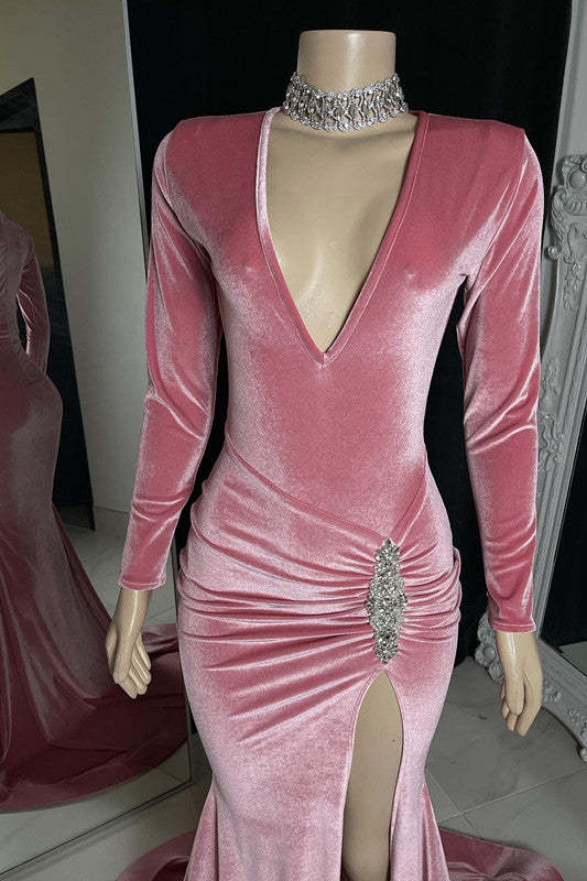 Red Long Sleeve Simple Prom Dress with High Slit and Pleated