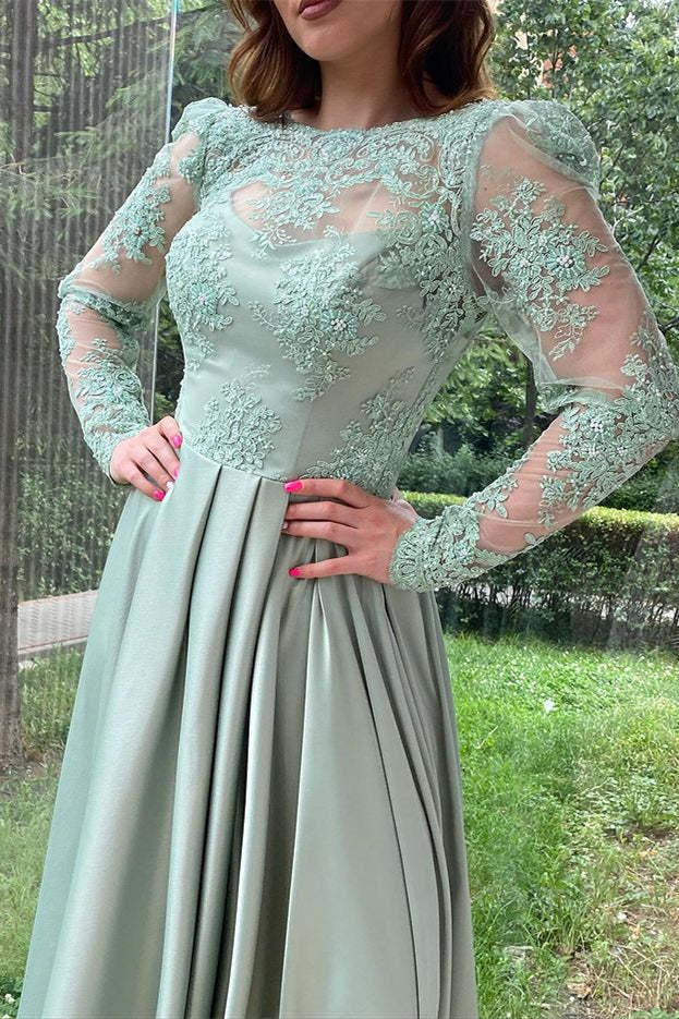 Elegant Dusty Sage Long Sleeves Evening Dress with Lace Split