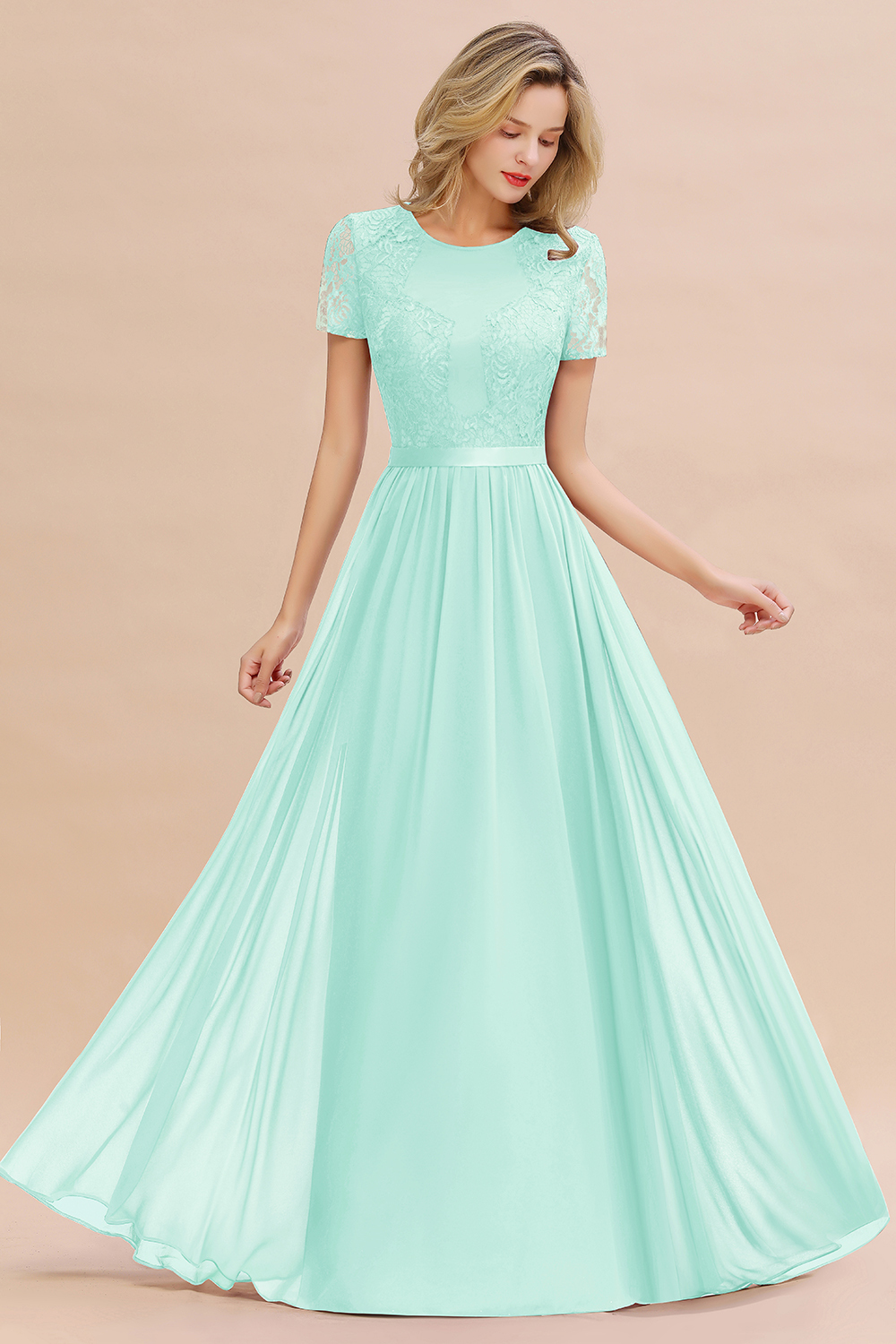 27prom Elegant Chiffon Lace Jewel Short-Sleeves Affordable Bridesmaid Dress-27prom