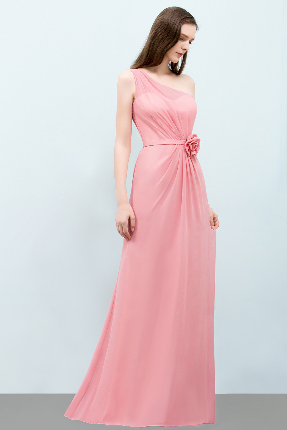 27prom Affordable Mermaid One shoulder Pink Bridesmaid Dresses with Flowers-27prom
