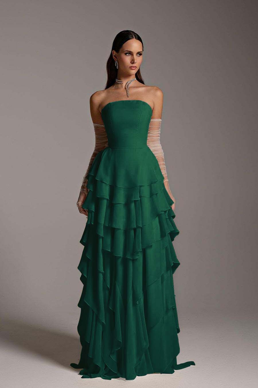 Charming Strapless Sleeveless Ruffles Long Prom Dress With Gloves