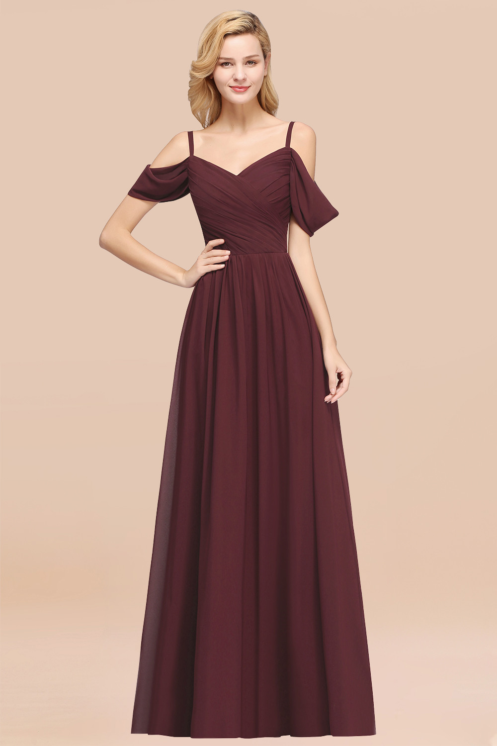 27prom Chic Off-the-shoulder Burgundy Bridesmaid Dress with Spaghetti Straps-27prom