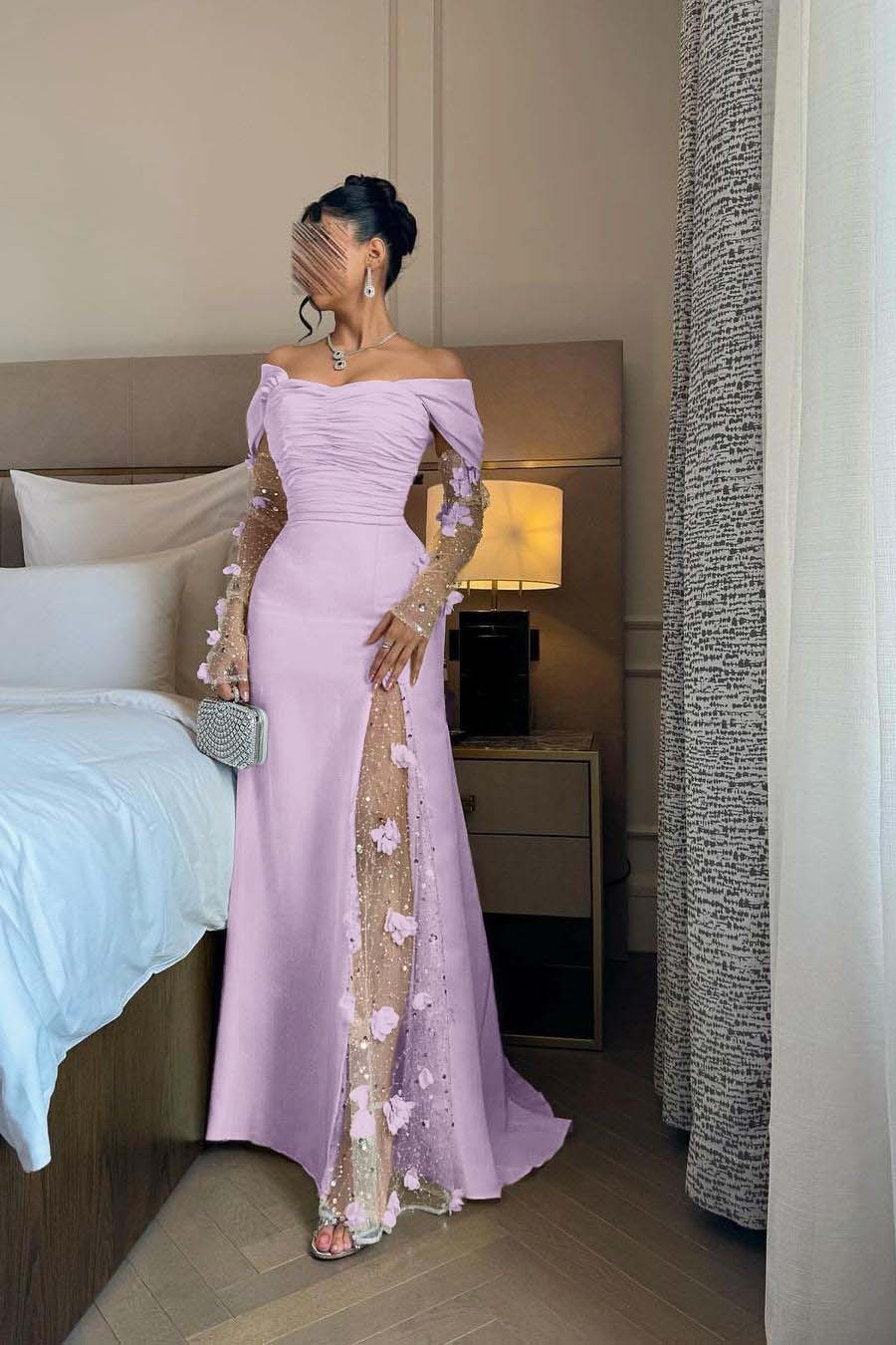 Off the Shoulder Long Sleeves Long Prom Dress With Split Appliques