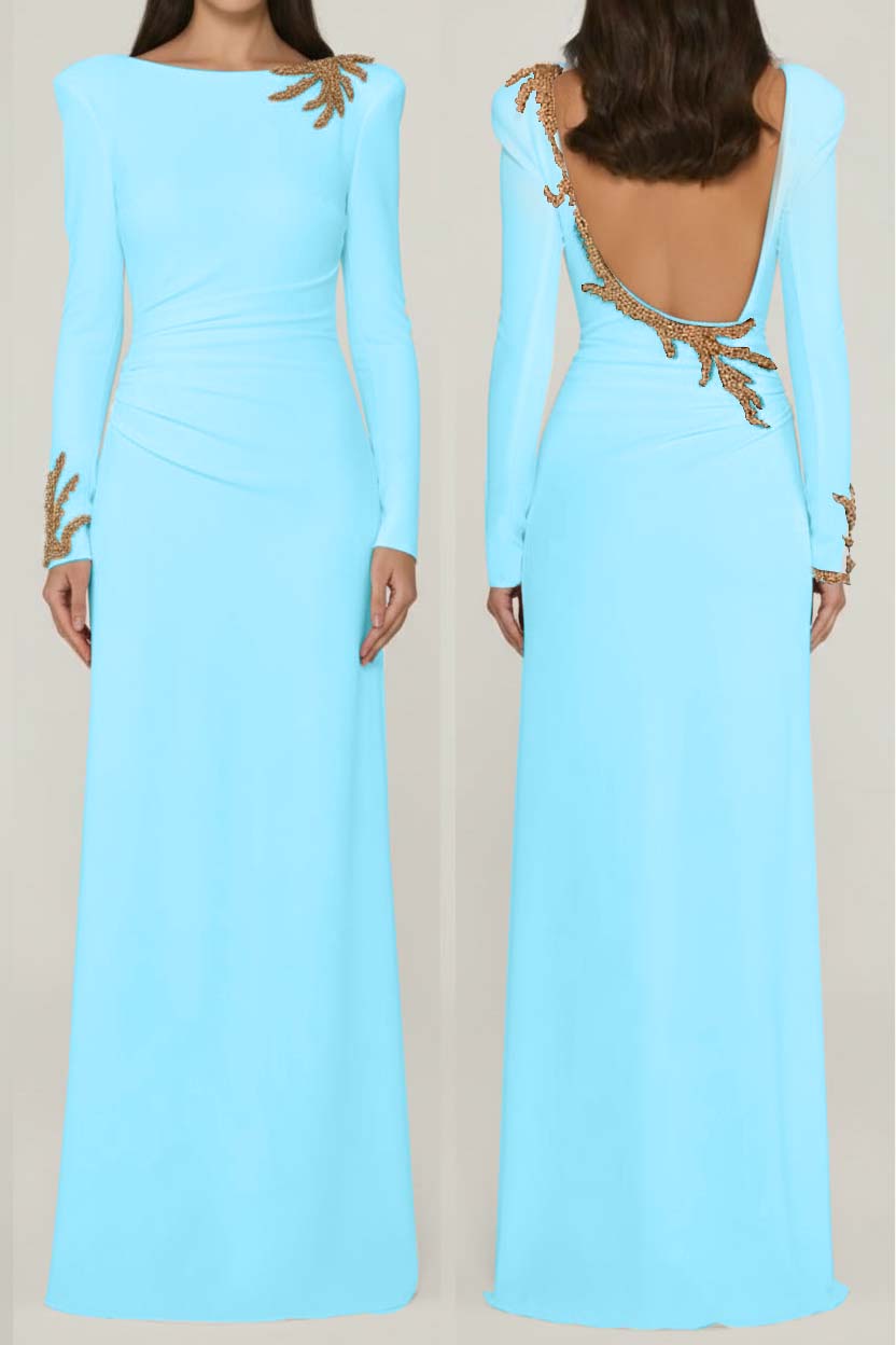 Long Sleeves Long Backless Prom Dress With Appliques Pleated