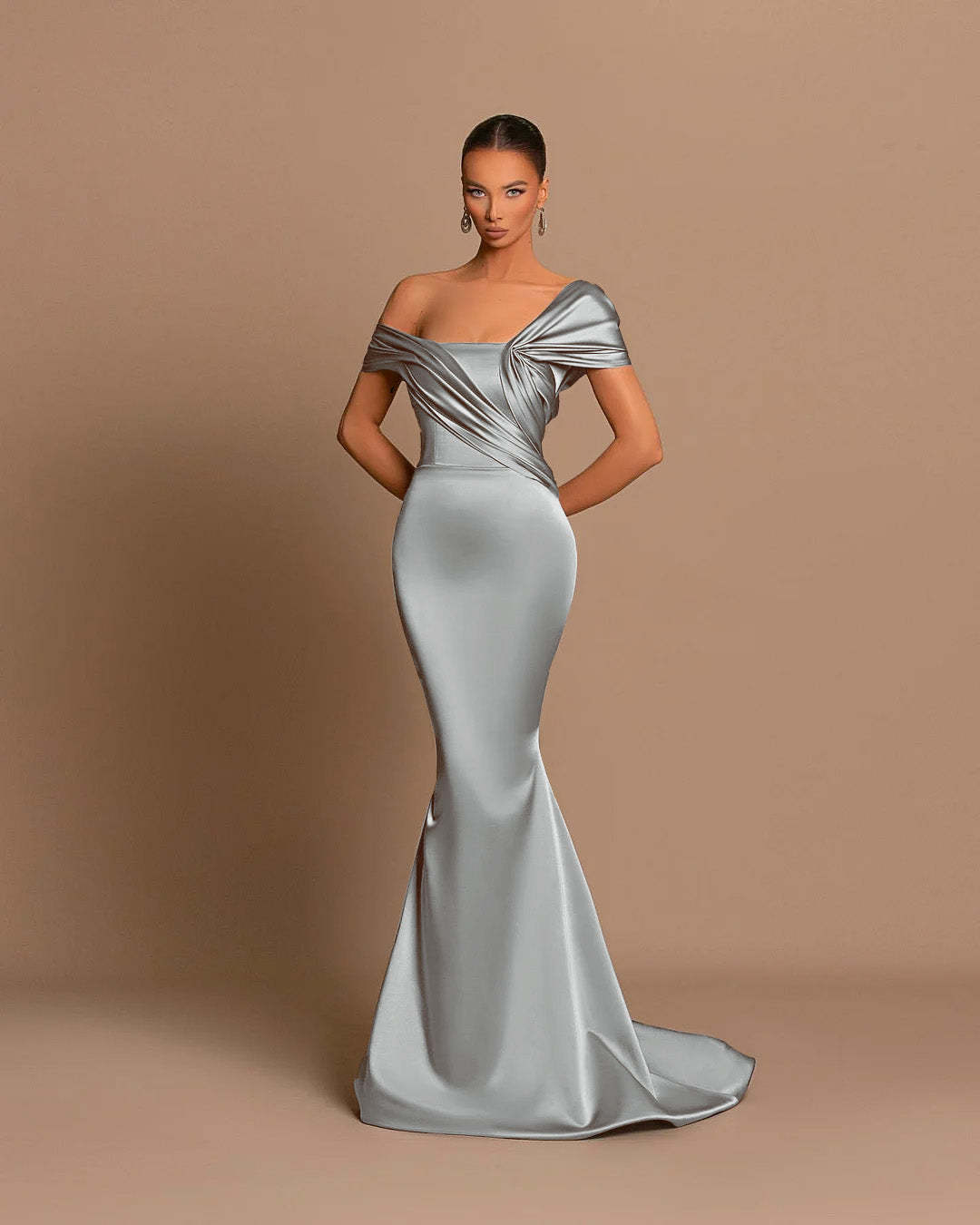 Grey Off-The-Shoulder Evening Dress Bateau Pleated Ball Gown
