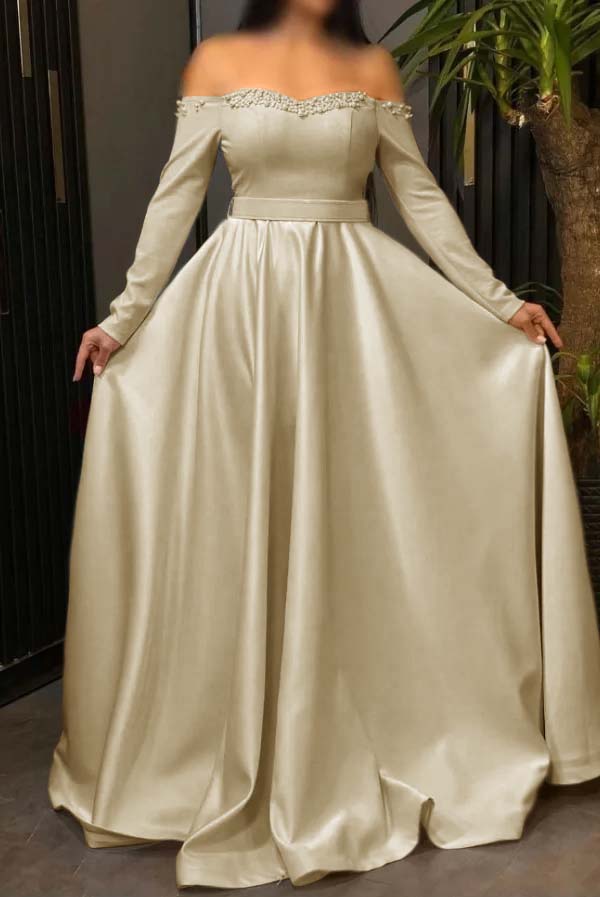 Off the Shoulder Long Sleeves Long Prom Dress With Pleated Beading