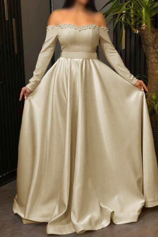Off the Shoulder Long Sleeves Long Prom Dress With Pleated Beading