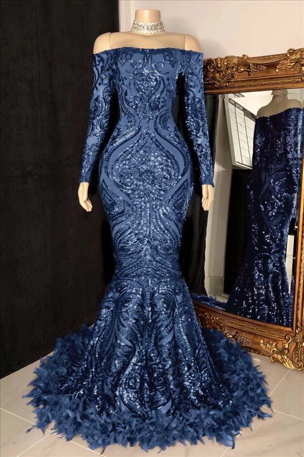 Long Sleeves Strapless Mermaid Prom Dress Sequins Burgundy With Feather