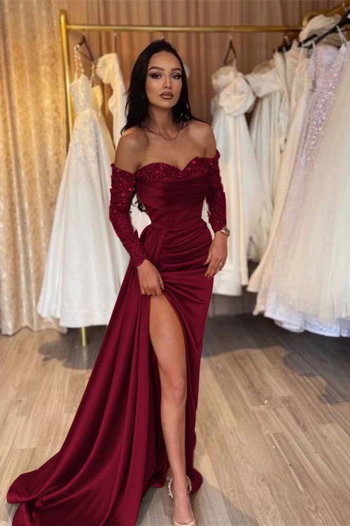 Off the Shoulder Long Sleeves Long Mermaid Prom Dress With Pleated