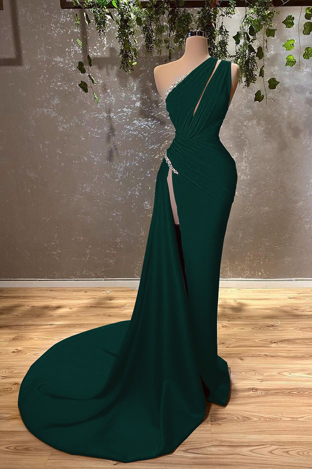 Ocean Blue One Shoulder Mermaid Evening Dress Long with Split