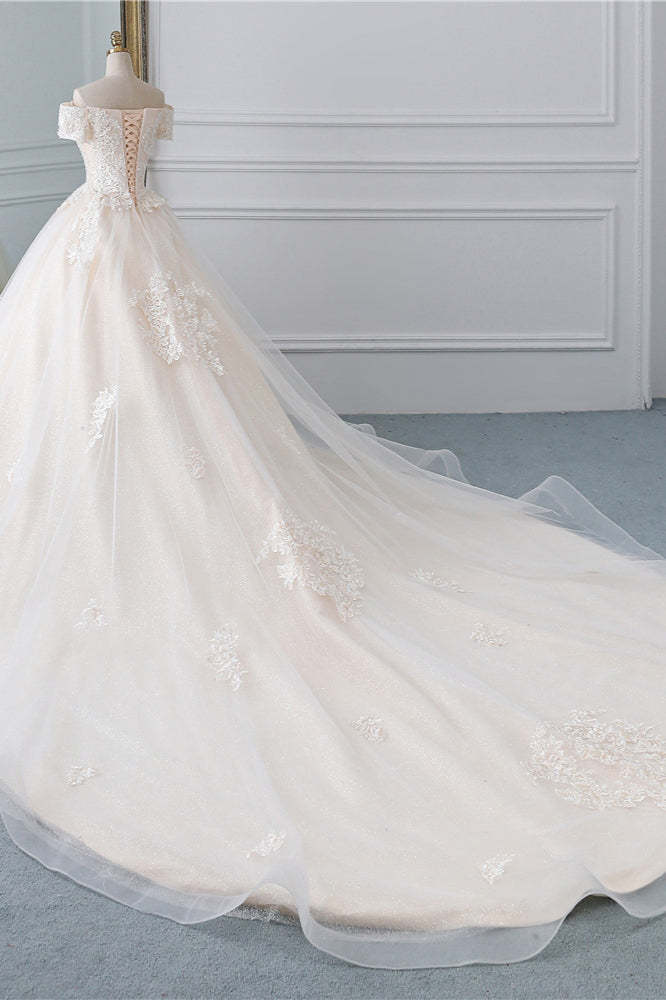 Princess Off-the-Shoulder Tulle Wedding Dress with Lace Appliques