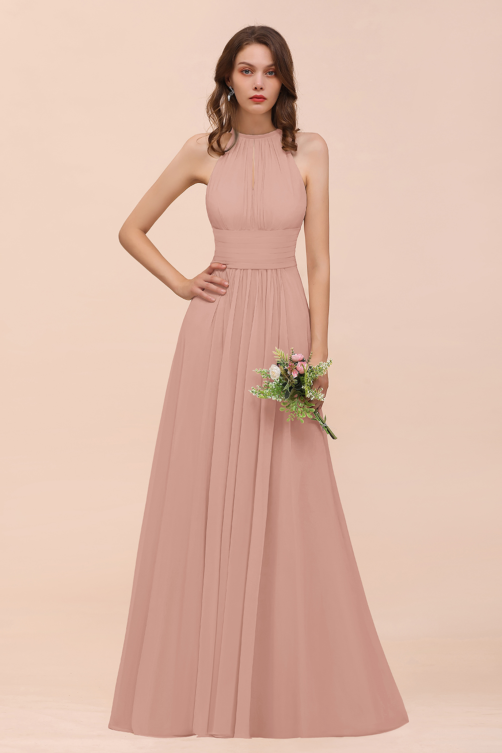 27prom Elegant Chiffon Jewel Ruffle Champagne Affordable Bridesmaid Dress Online-27prom