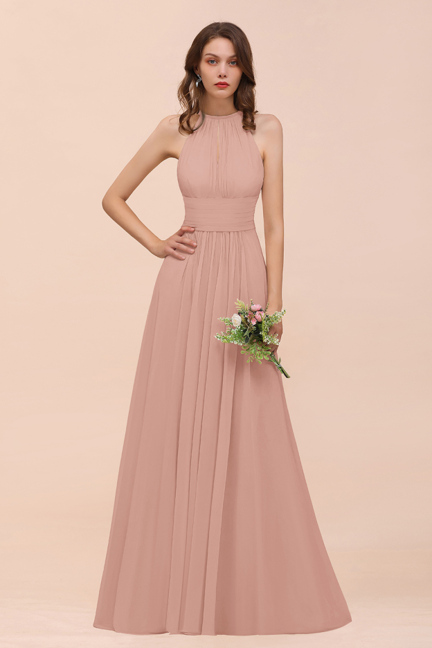 27prom Elegant Chiffon Jewel Ruffle Champagne Affordable Bridesmaid Dress Online-27prom