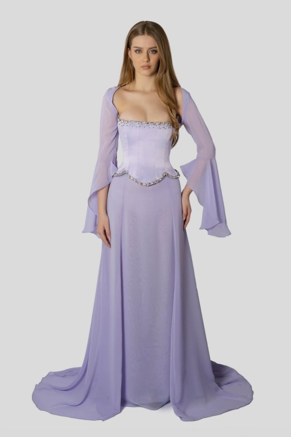 Chiffon Long Sleeves Long Mermaid Prom Dress With Beading Pleated