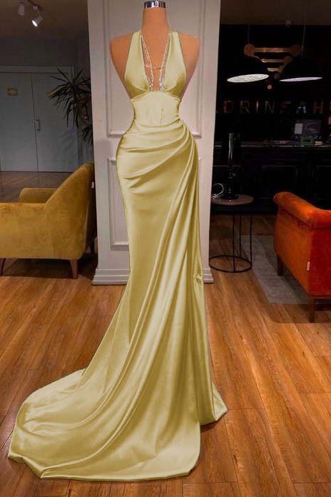 Halter Deep V Neck Sleeveless Mermaid Long Prom Dress Elegant With Ruffles