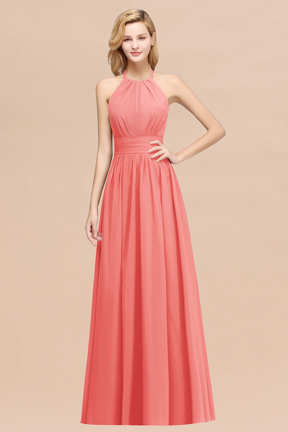 27prom Elegant High-Neck Halter Long Affordable Bridesmaid Dresses with Ruffles-27prom