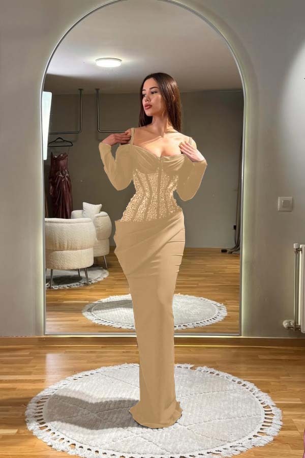Off the Shoulder Long Sleeves Long Prom Dress With Sequins Pleated
