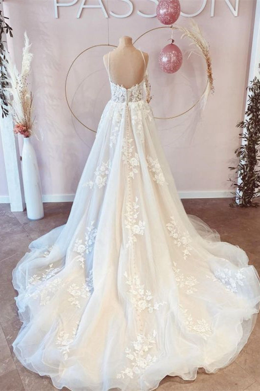 Spaghetti Strap V-Neck Sleeveless Tulle Lace A-Line Wedding Dress