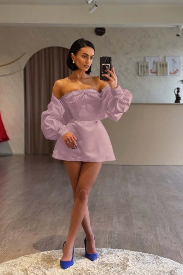 Spaghetti Strap Long Sleeves A Line Prom Dress With Beading