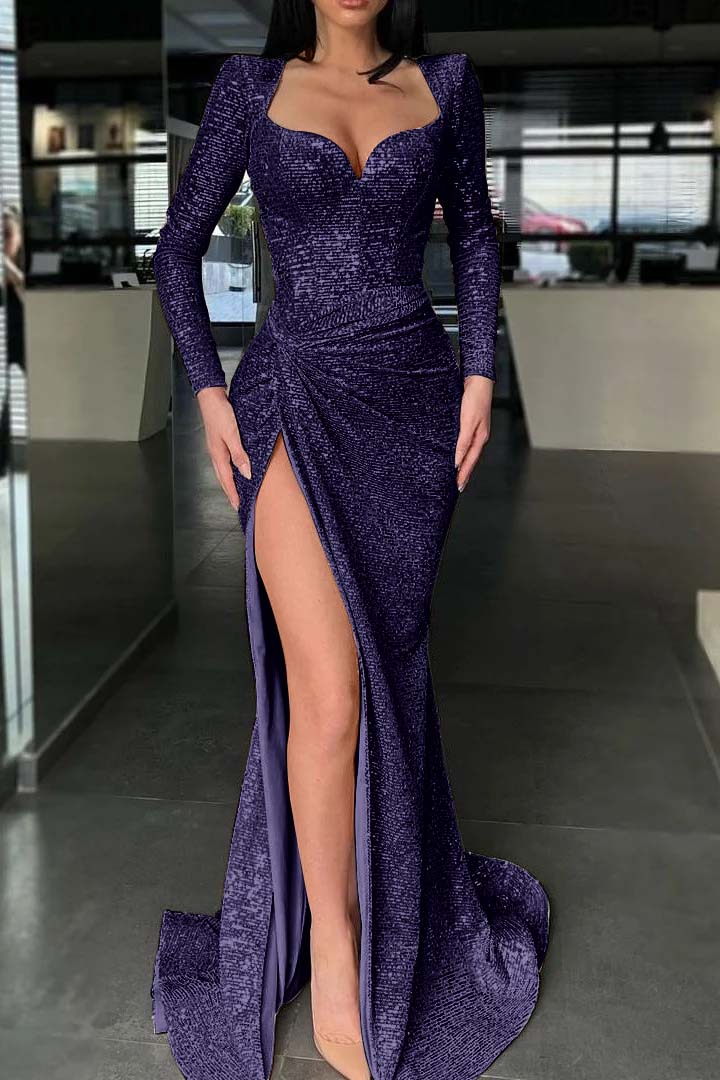 Long Sleeves High Split Long Prom Dress Mermaid With Sequins