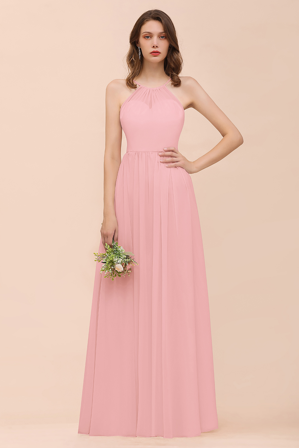 27prom Gorgeous Chiffon Halter Ruffle Affordable Long Bridesmaid Dress-27prom