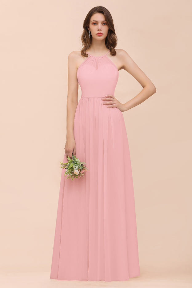 27prom Gorgeous Chiffon Halter Ruffle Affordable Long Bridesmaid Dress-27prom