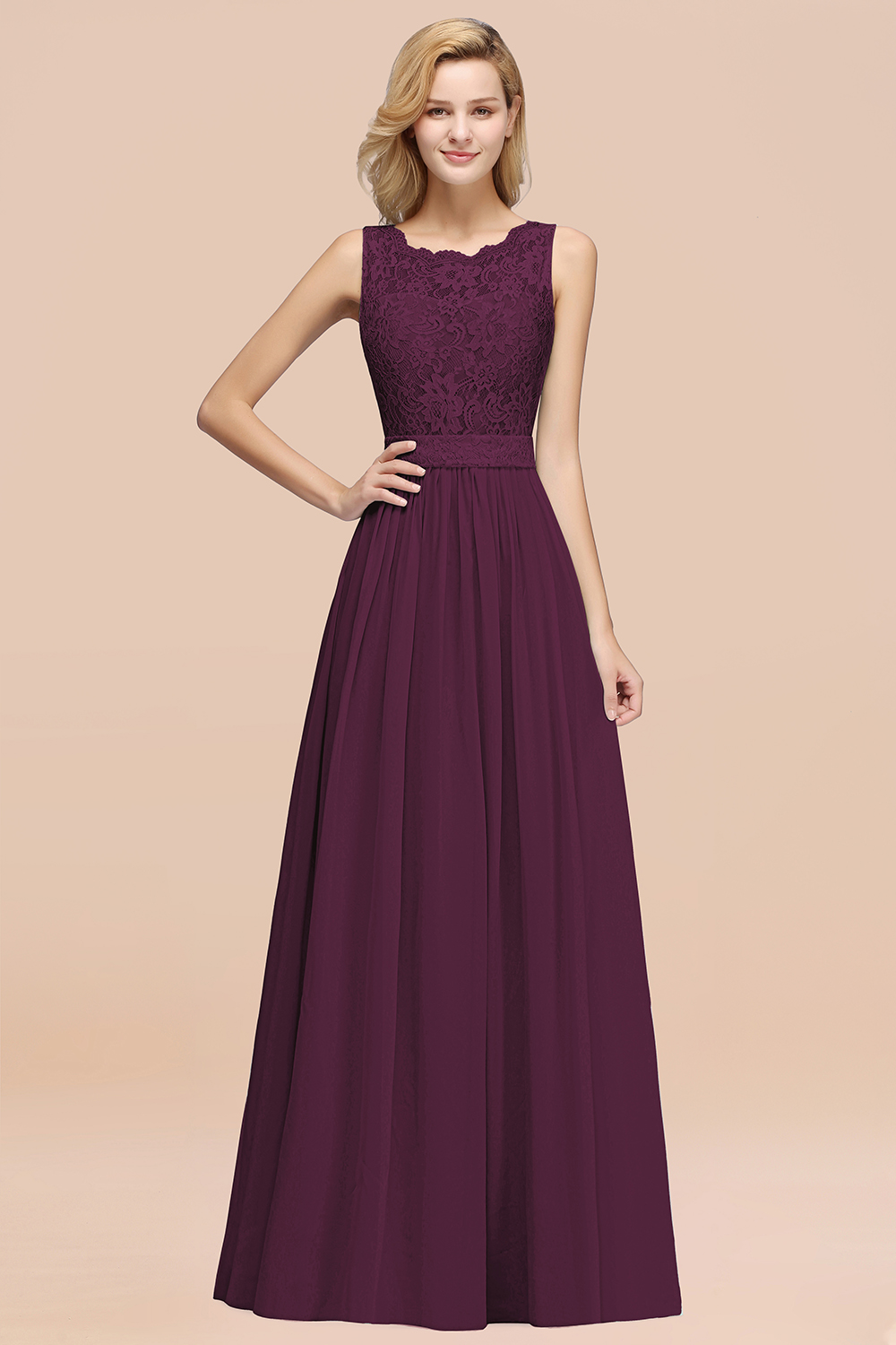 27prom Elegant Chiffon Lace Scalloped Sleeveless Ruffle Bridesmaid Dresses-27prom