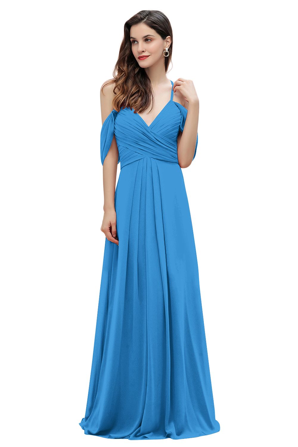 Elegant A-line Off-the-Shoulder V-neck Ruched Long Bridesmaid Dress-27prom