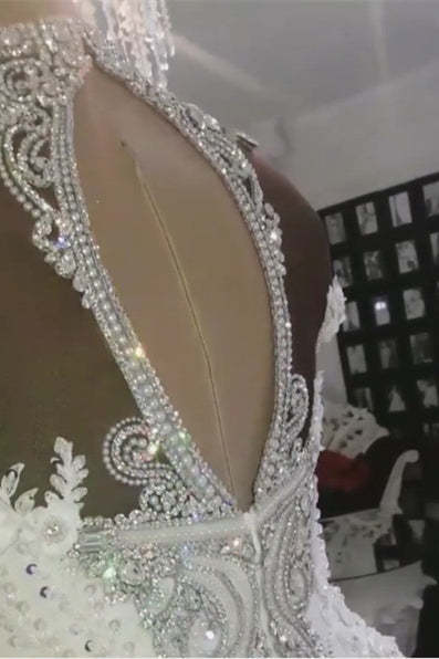 High Collar Off-the-Shoulder Beaded Mermaid Wedding Dress with Lace Appliques
